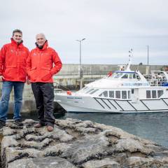 Liam O'Brien and Bill O'Brien at Doolin Pier launching the new Aran Islands Ferry