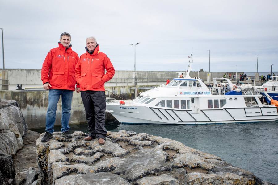 Liam O'Brien and Bill O'Brien at Doolin Pier launching the new Aran Islands Ferry