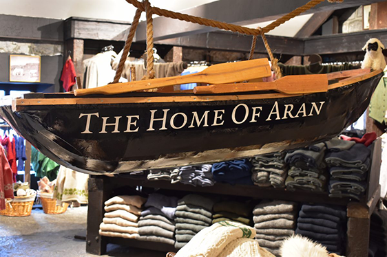 home of aran boat hanging in shop with aran island merchandise